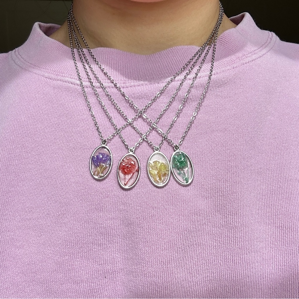Handmade Dried Flower Resin Colorful Pendant Silver Necklace